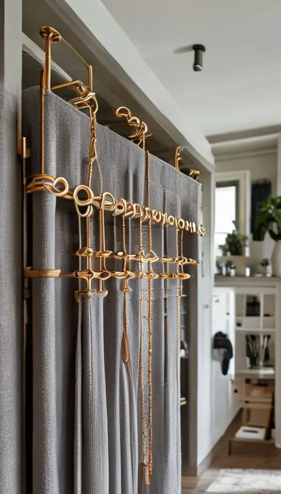 Close-up of a high-end linen and leather over-the-door accessory organizer