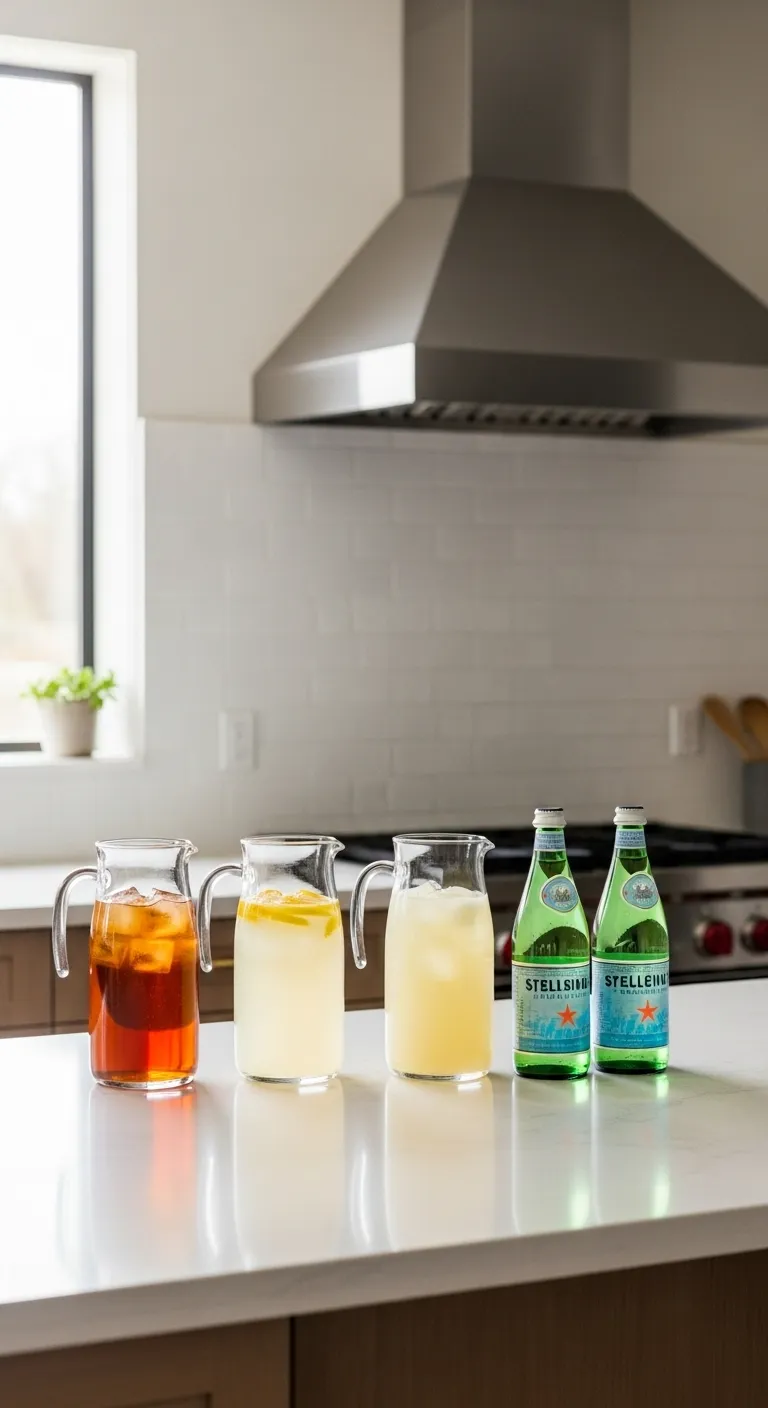 Lineup of iced tea lemonade and sparkling water pitchers in sunlight