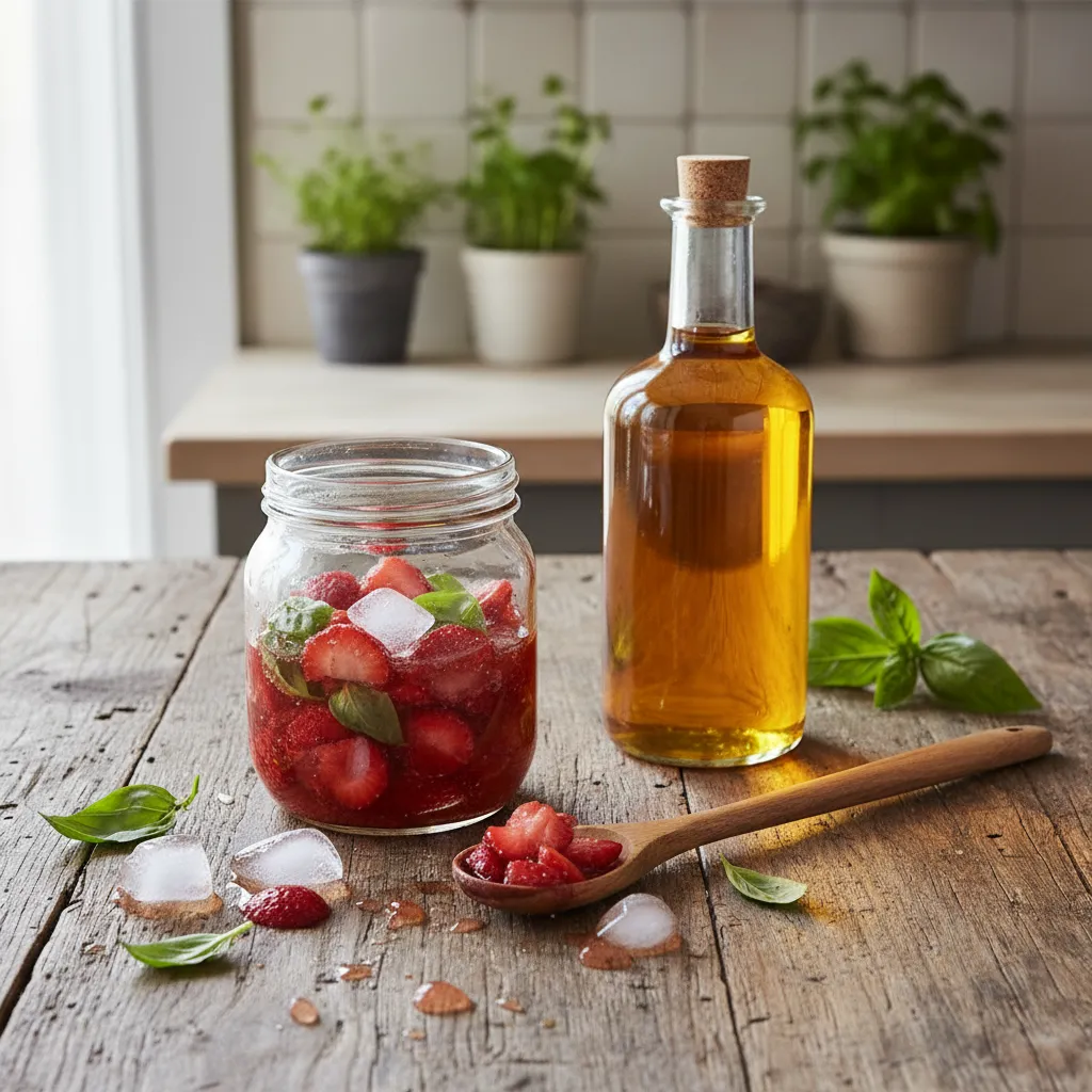 Macerated strawberries and basil leaves in glass jar for shrub making