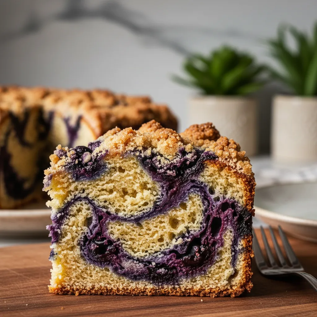 Close-up of the moist interior crumb of a blueberry coffee cake