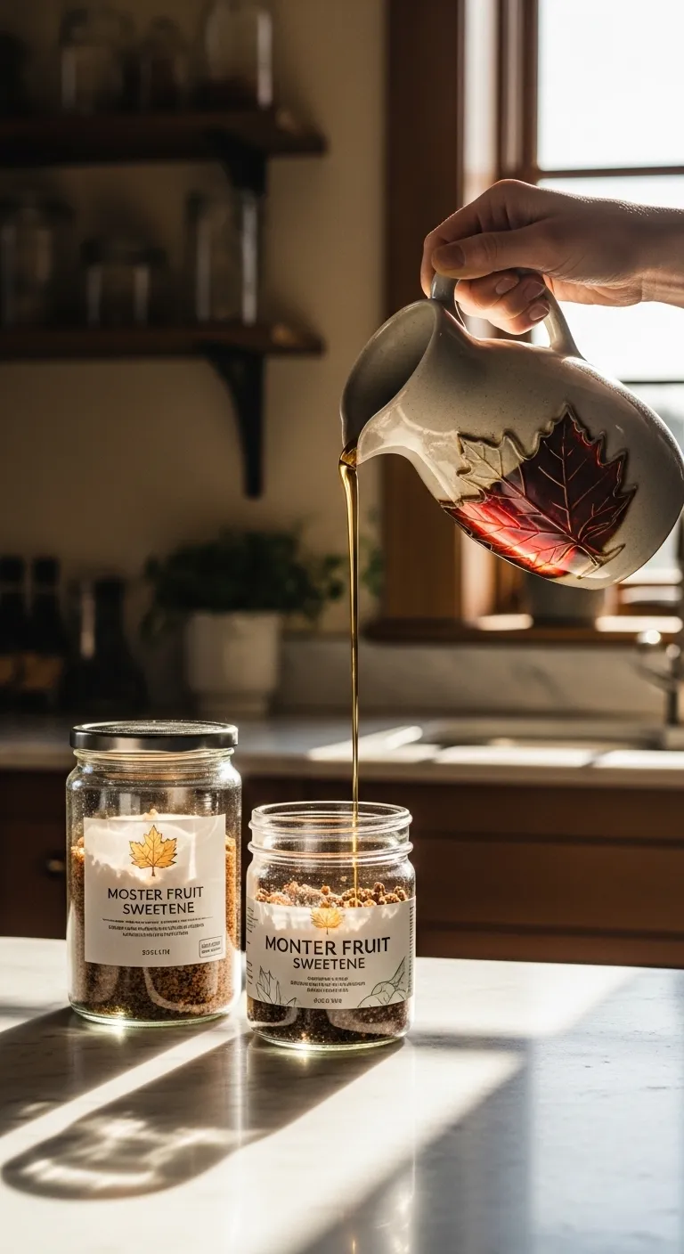 Glass jars of maple syrup and monk fruit sweetener on a marble kitchen counter