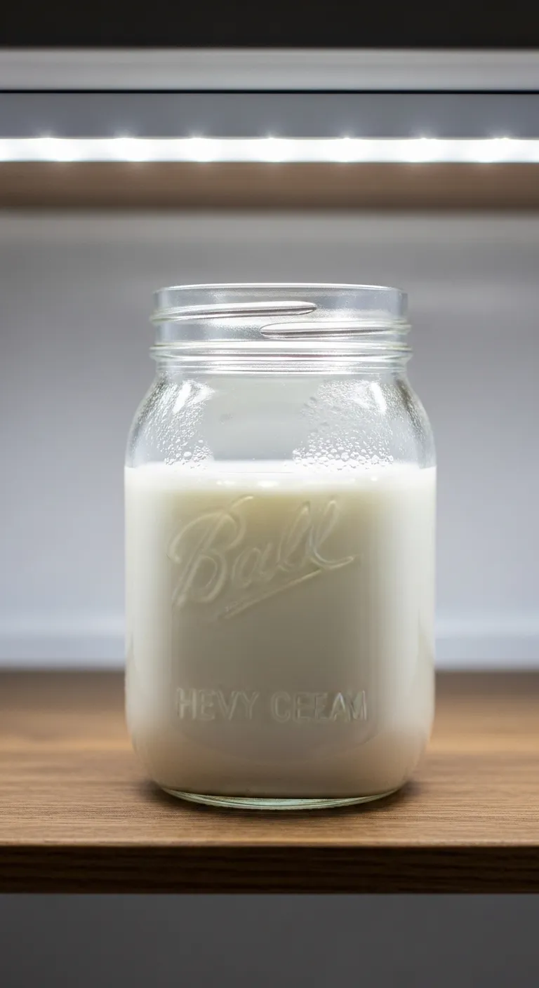 Glass mason jar filled with homemade heavy cream on a wooden fridge shelf