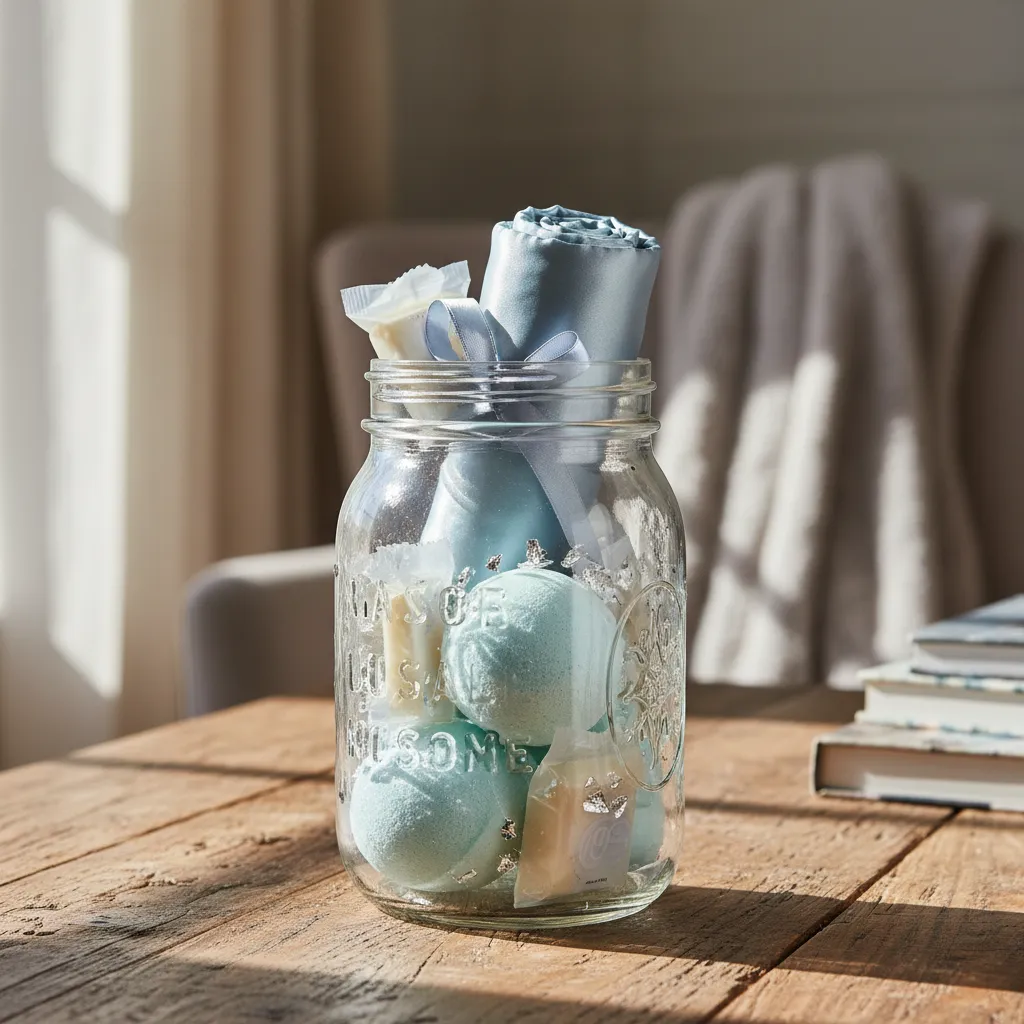 DIY chill pill mason jar filled with blue spa items and chocolates