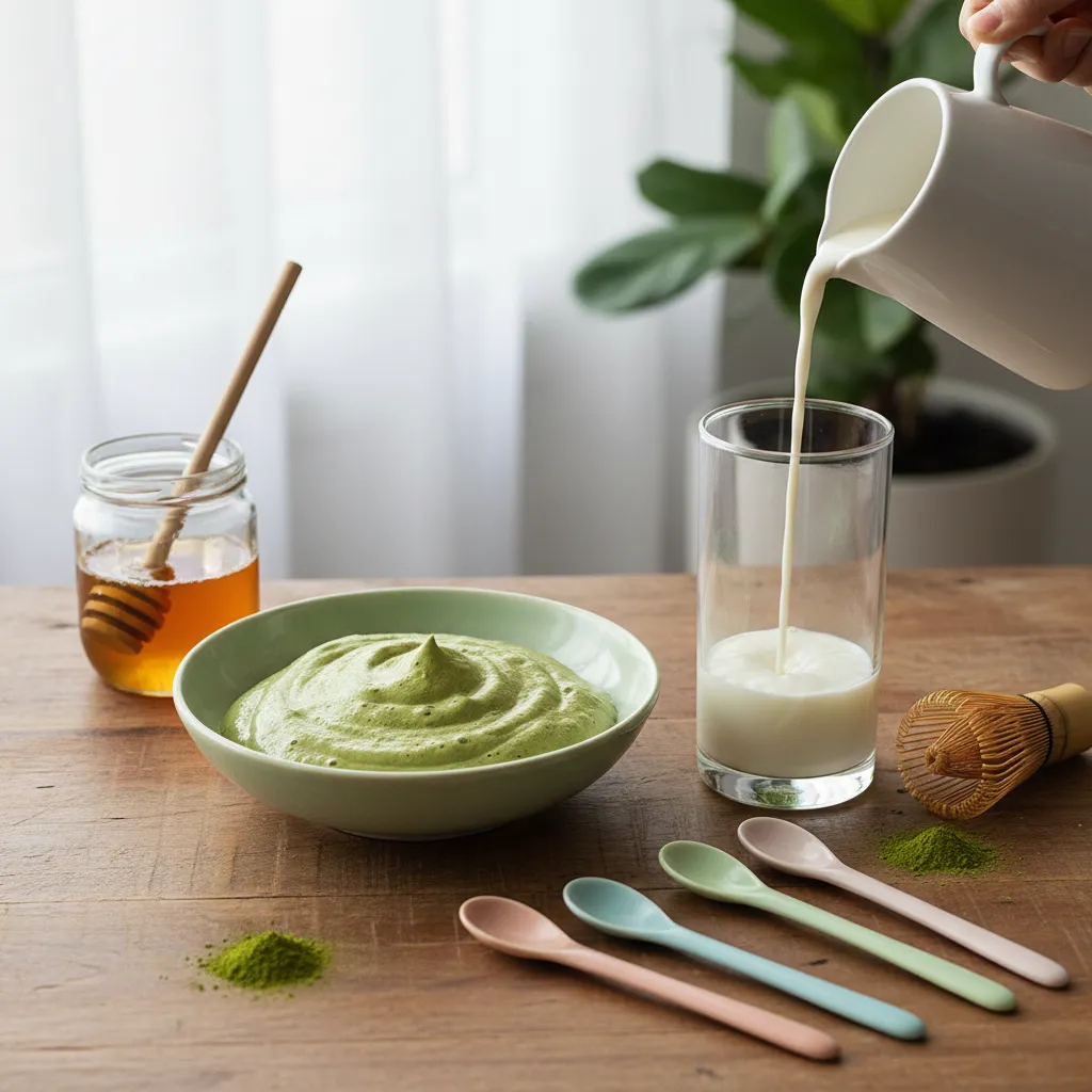 Flat lay of matcha ingredients including honey and milk on a wooden board