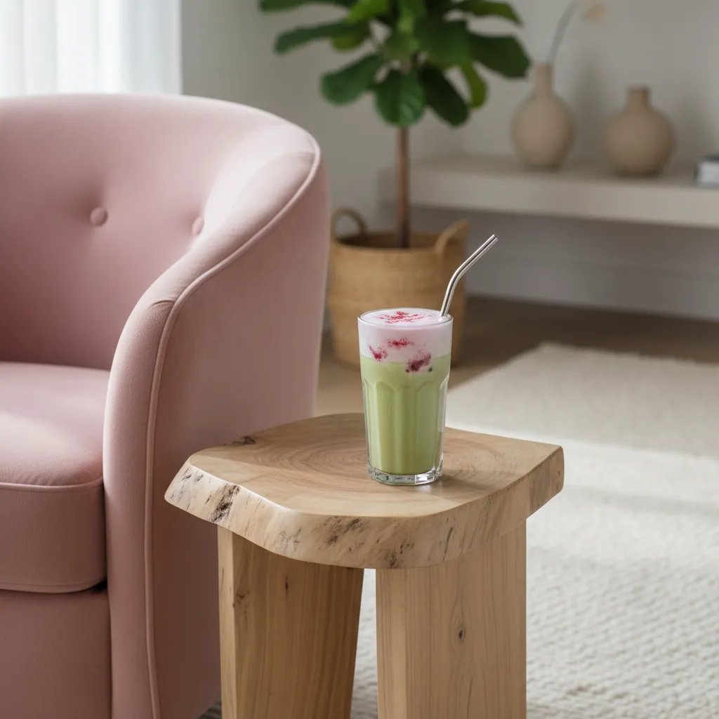 Close up of a green matcha drink with raspberry foam near textured furniture.