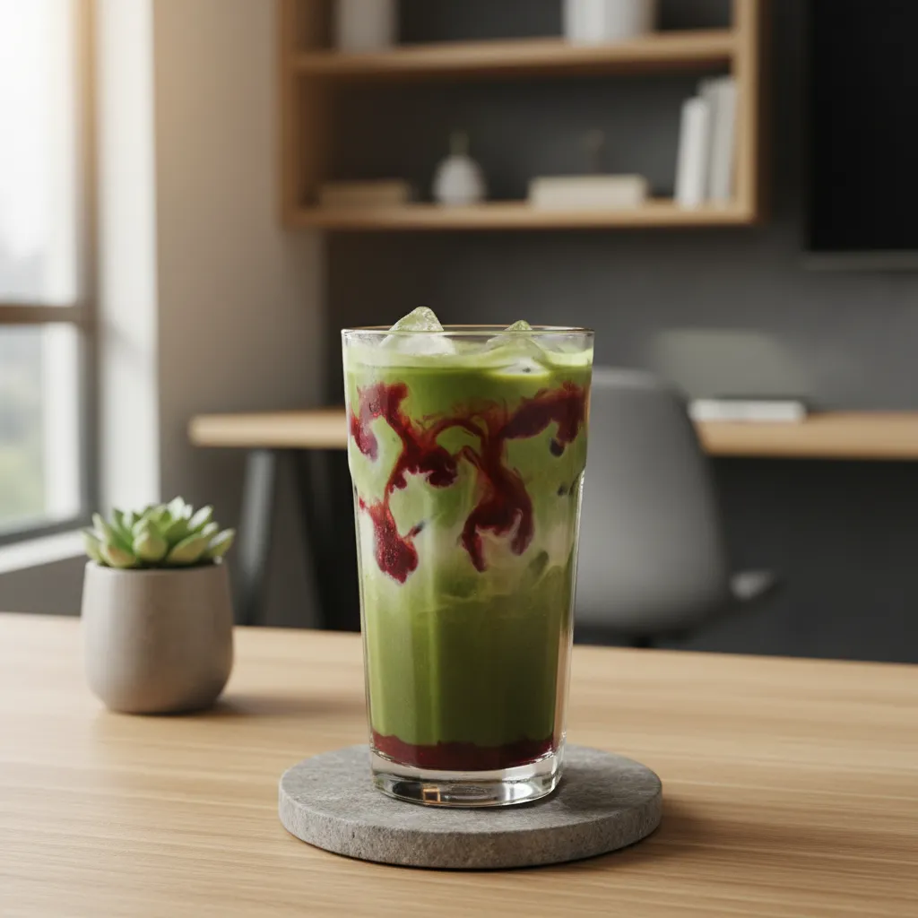 A layered iced matcha tea latte with crimson raspberry syrup on a stone coaster in a modern home office.