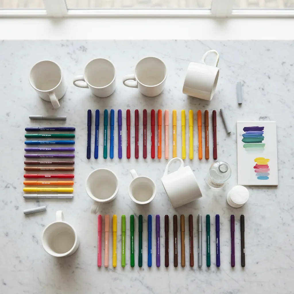 Flat lay of oil-based paint pens and white mugs for DIY teacher gifts