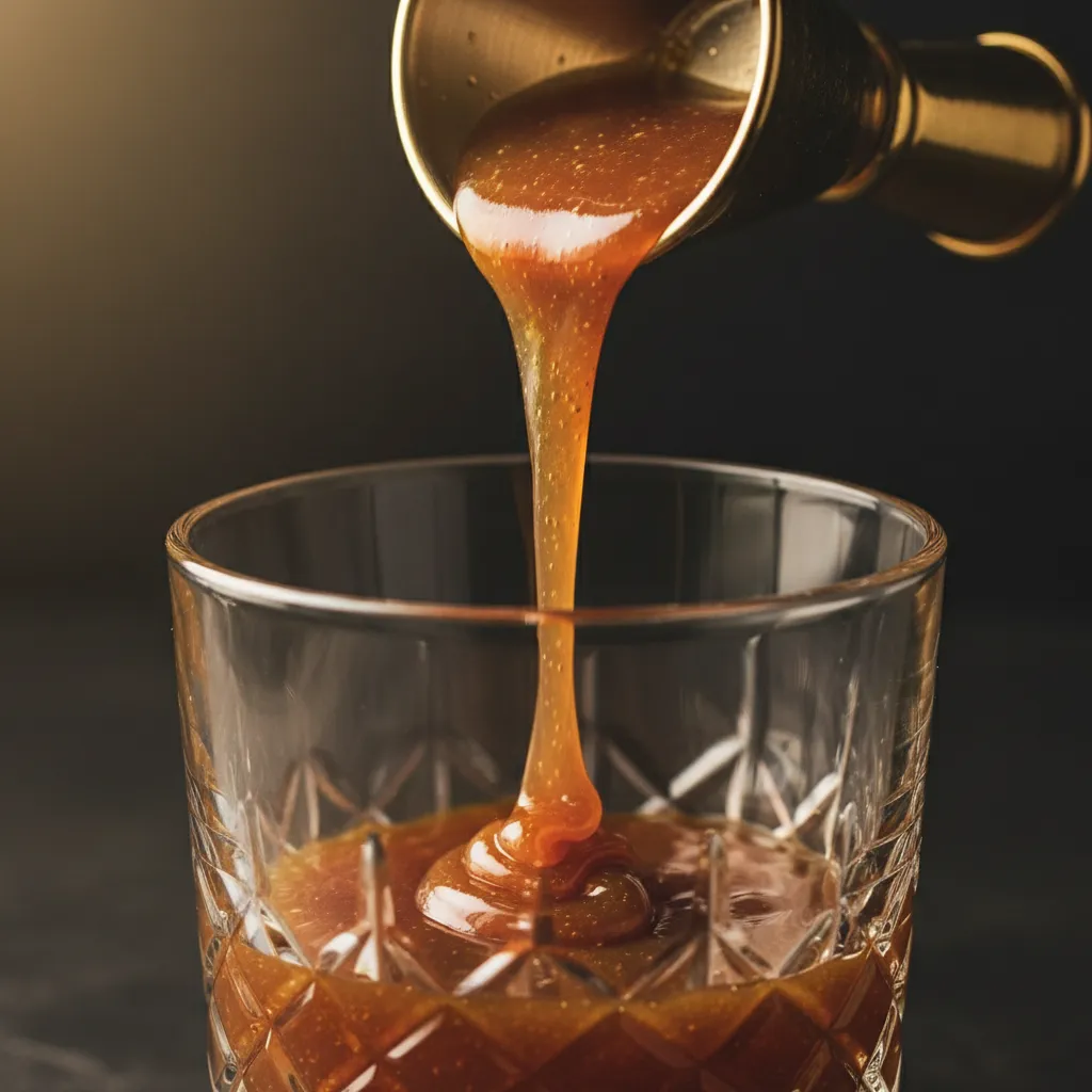 Gold jigger pouring syrup into a glass for a DIY coffee recipe