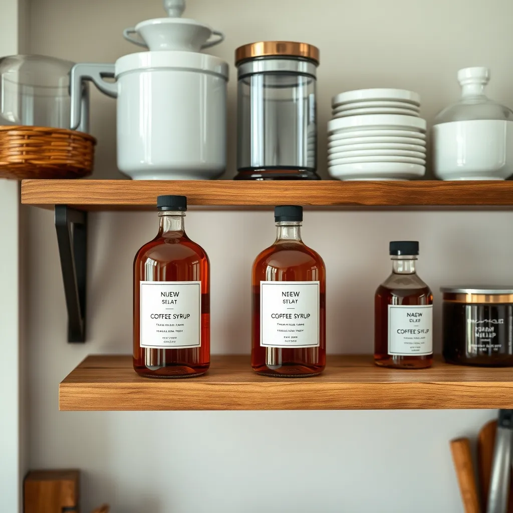 Amber glass bottles with syrup on a modern kitchen shelf