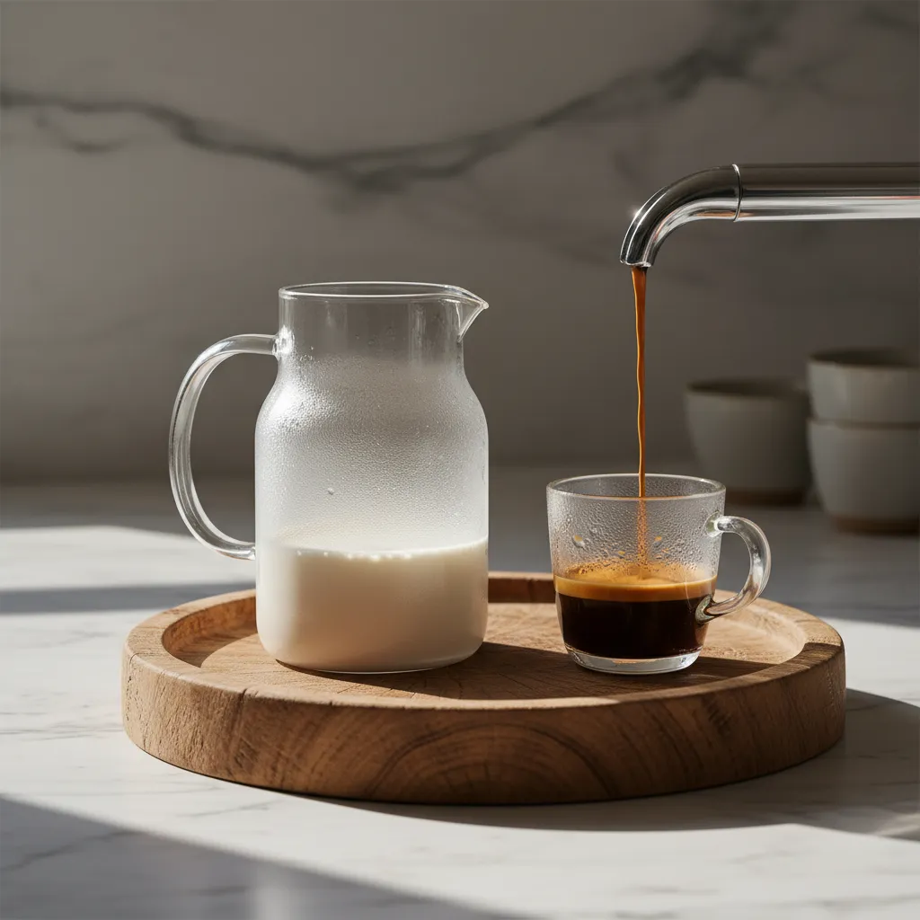 Glass carafe of half-and-half cream on a wooden tray for a home coffee station