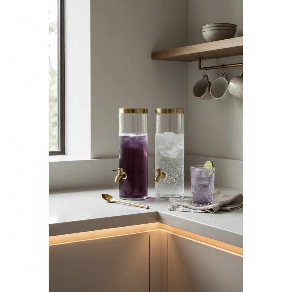 Minimalist kitchen drink station with glass dispensers and brass accents