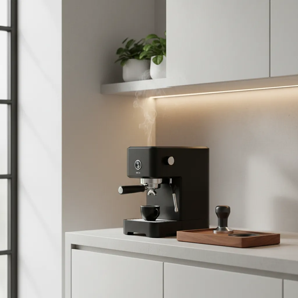 Matte black espresso machine with walnut accessories in a modern kitchen