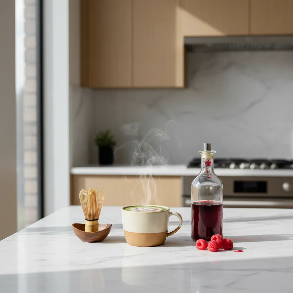 Modern kitchen counter with matcha making tools and raspberry syrup.
