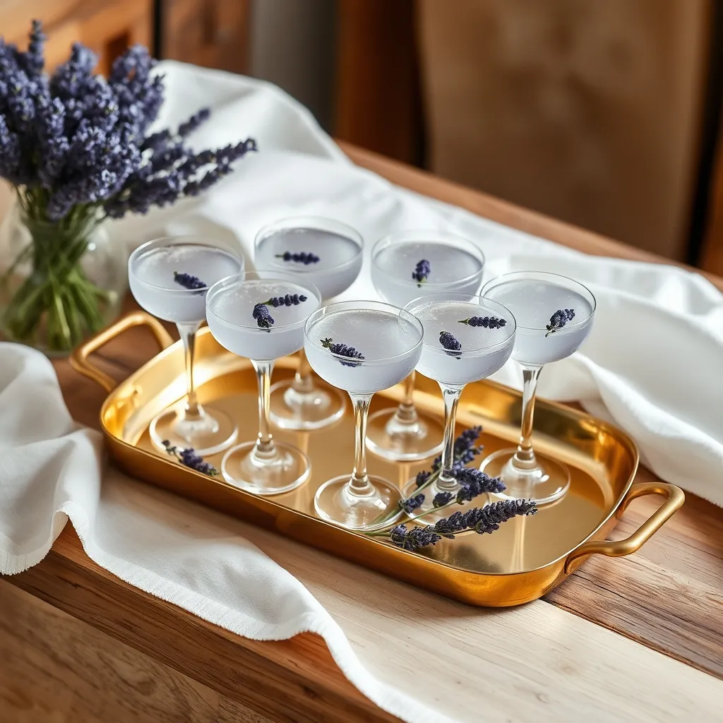 Modern wedding bar display featuring lavender gin cocktails on a gold tray