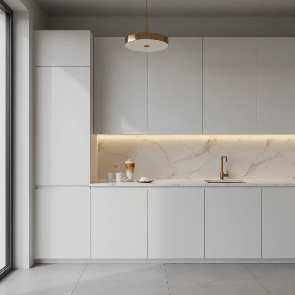 Matte white kitchen cabinets with warm lighting and marble counters