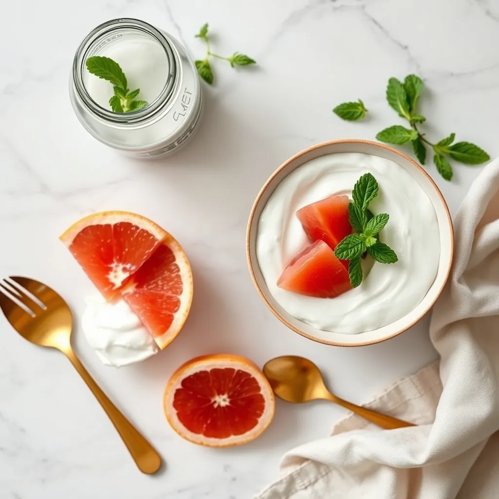 Marble countertop with organized ingredients for grapefruit yogurt bowls including mint and gold cutlery