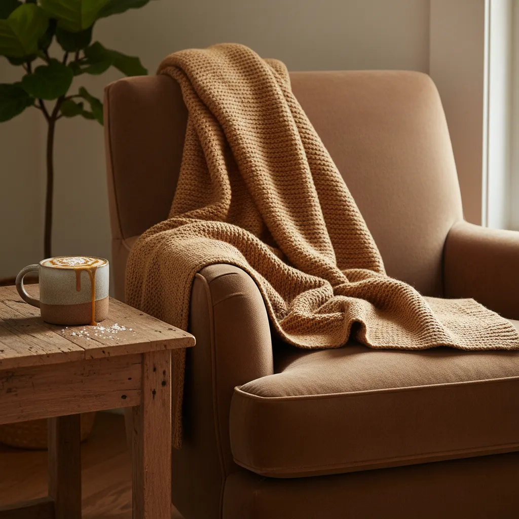 Velvet mocha armchair paired with caramel wool throw blanket