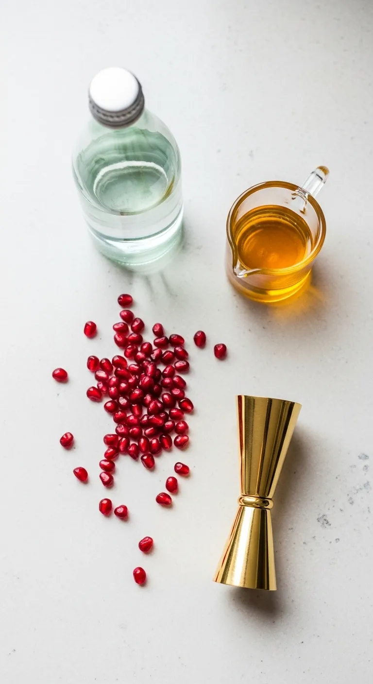 Flat lay of pomegranate juice sparkling water and vanilla syrup for drink preparation