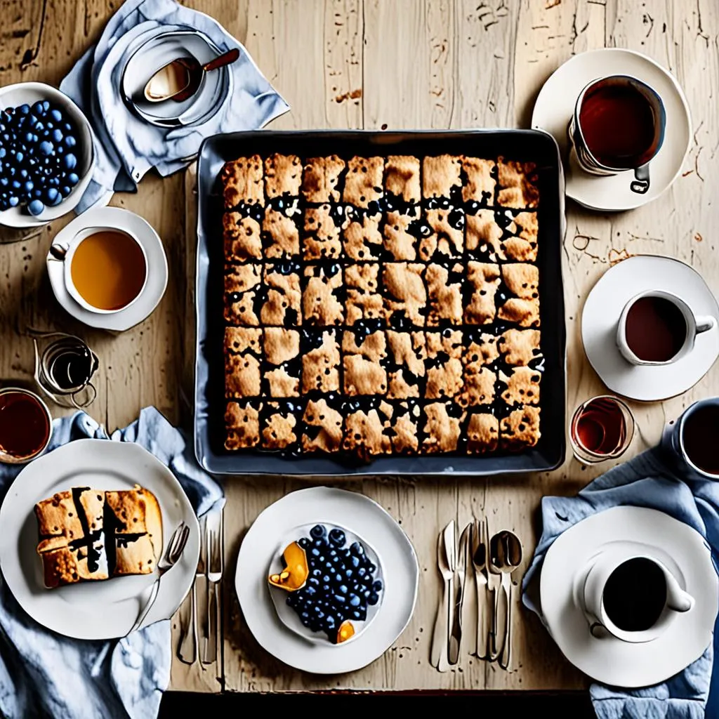 A sophisticated brunch spread featuring coffee cake, neutral linens, and warm ambient lighting.