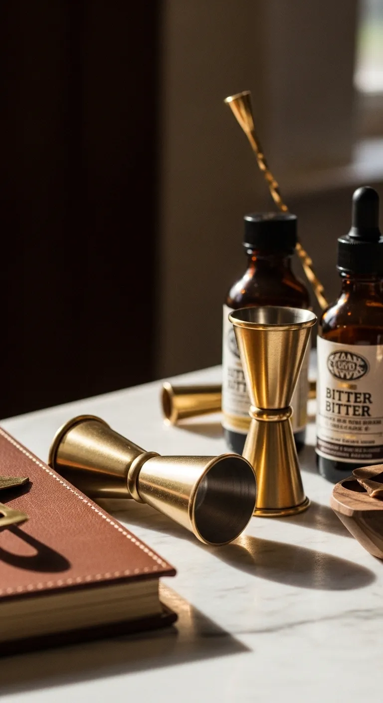 Brushed brass bar tools and leather recipe book on a dark stone counter