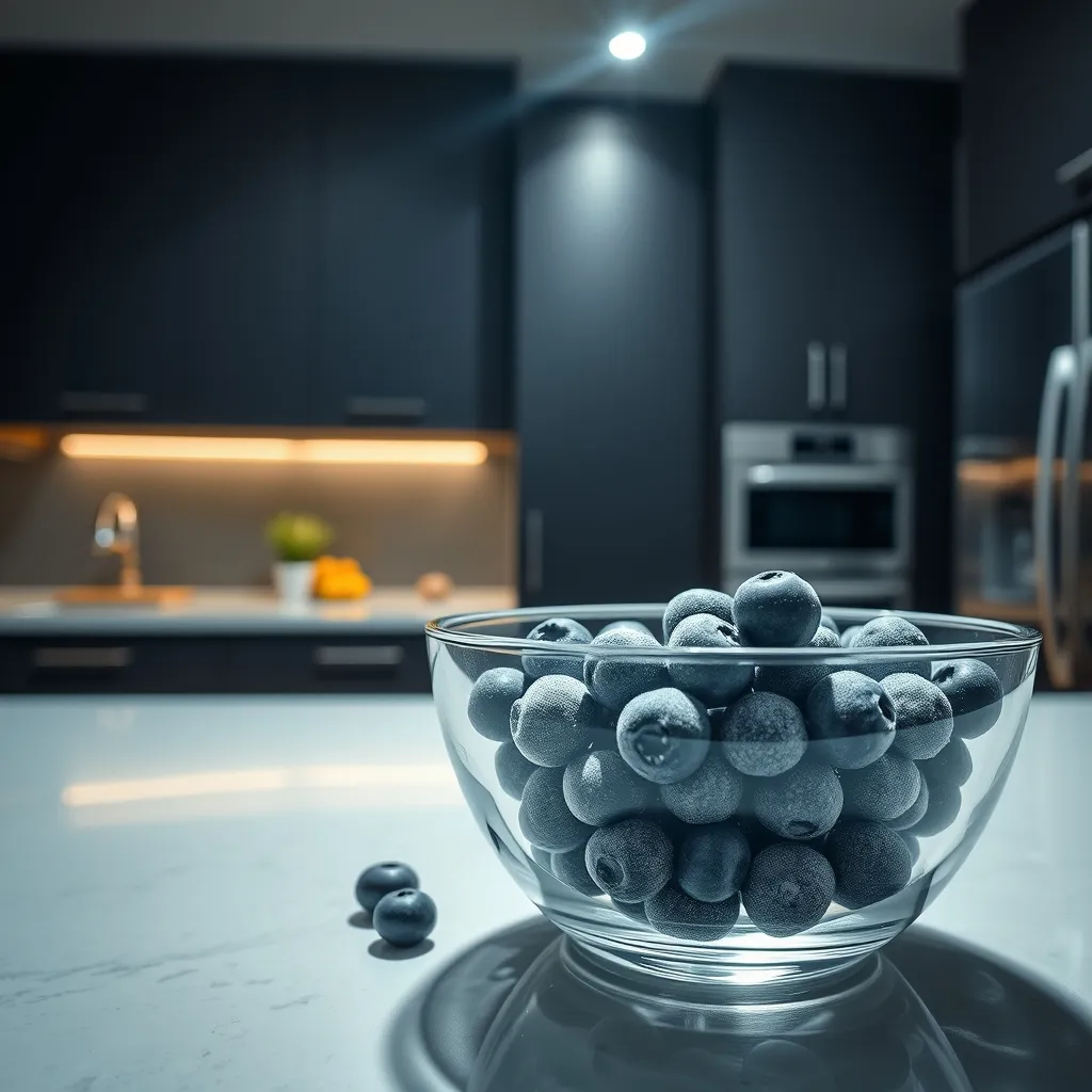 Frozen berries in a glass bowl under kitchen task lighting