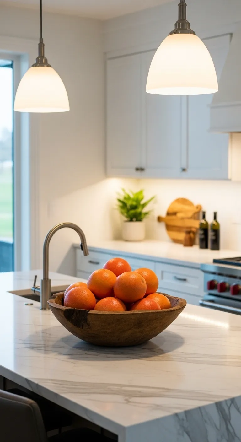 Rustic wooden bowl with red grapefruit on marble kitchen island
