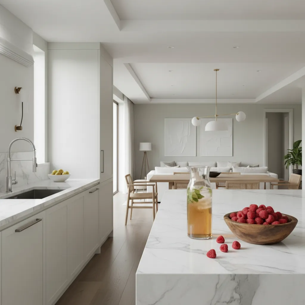 Minimalist kitchen with white cabinetry and fresh fruit