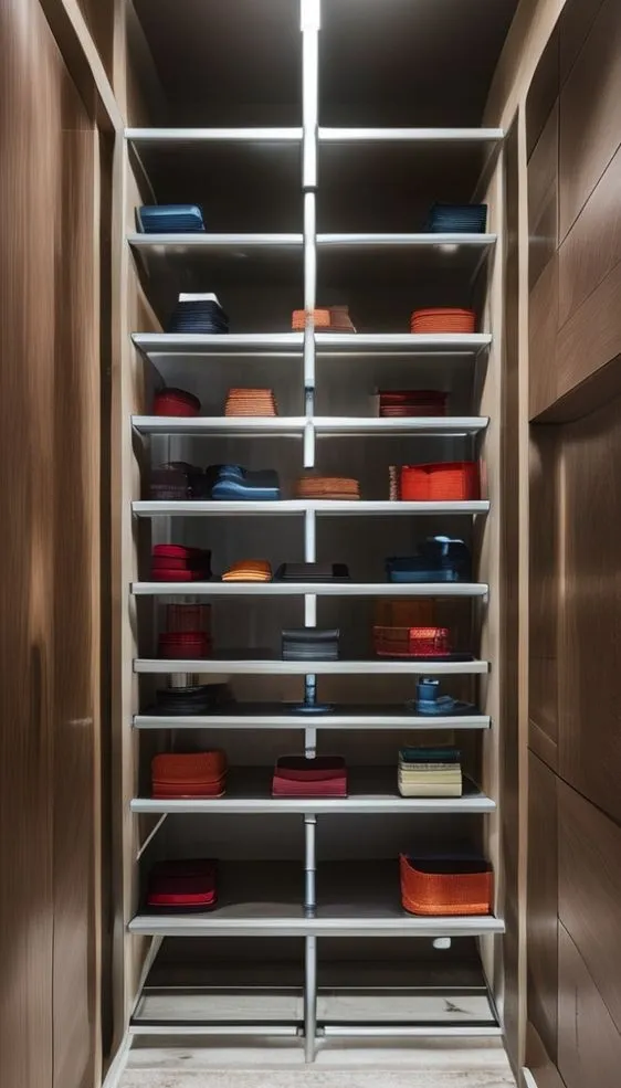 Close-up of a wall-mounted metal track system for modular closet shelving.