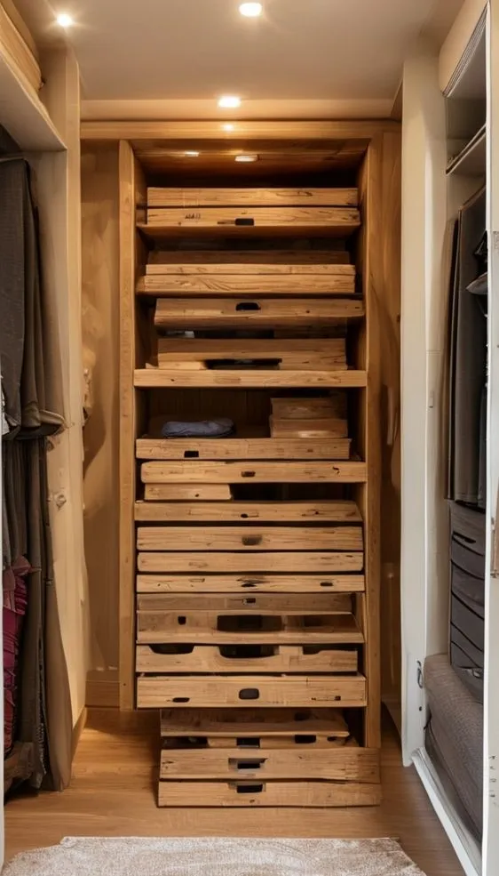 Stacked vintage wine crates used as shoe cubbies in a small closet