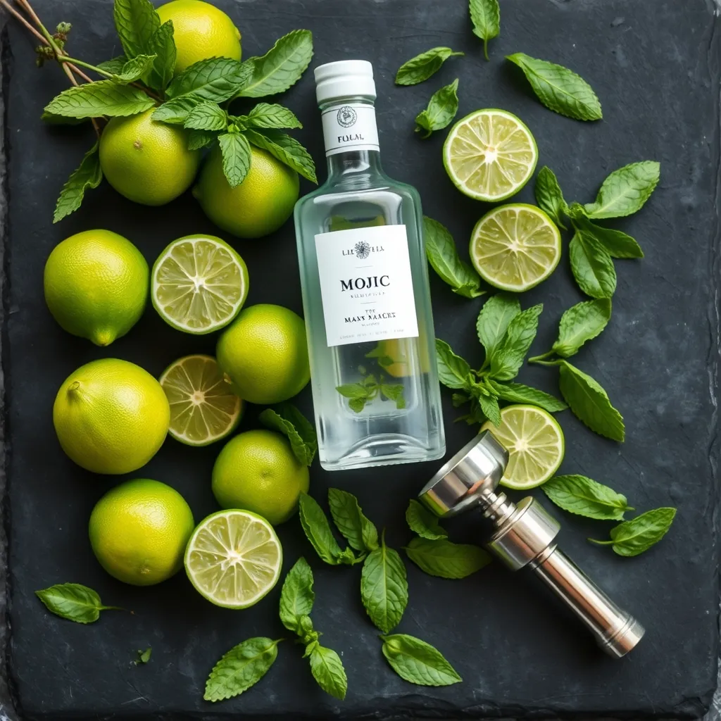 Flat lay of fresh limes mint and rum for a wedding mojito