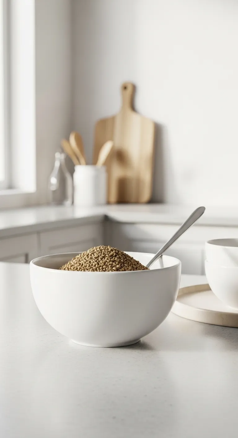 White ceramic bowl containing monk fruit granules with a silver spoon