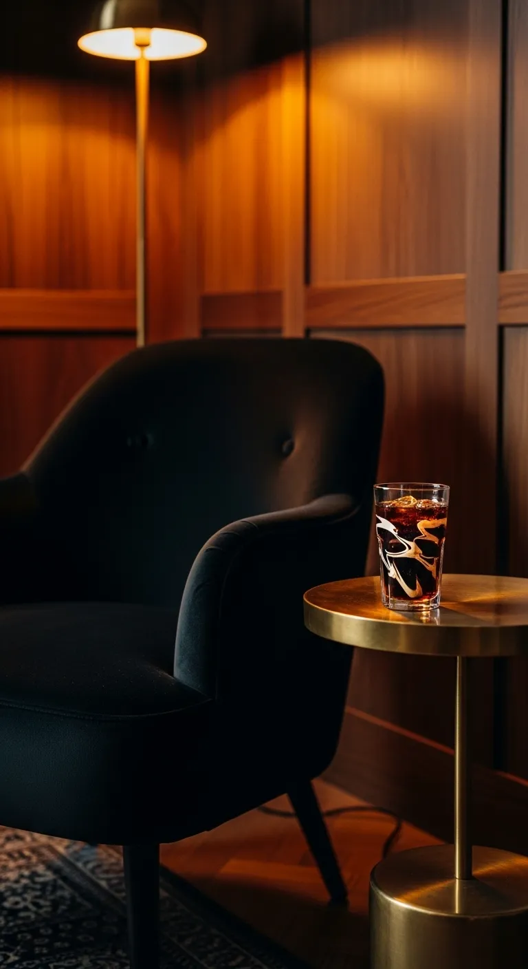 Dark velvet armchair with brass side table featuring a vanilla Dr Pepper drink