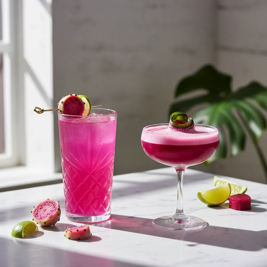 Prickly pear and beet juice non-alcoholic drinks on marble counter