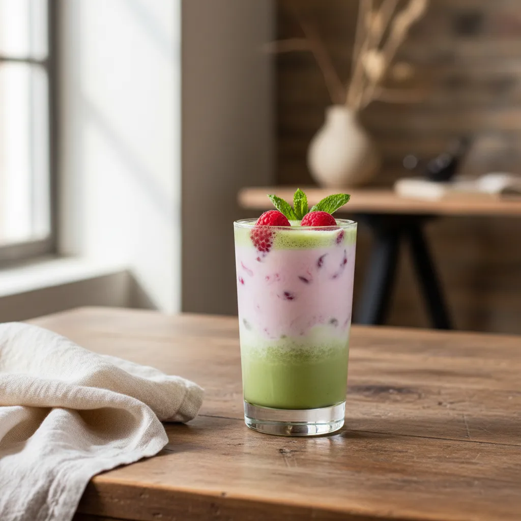 Close up of raw wood and linen textures next to a colorful matcha drink.