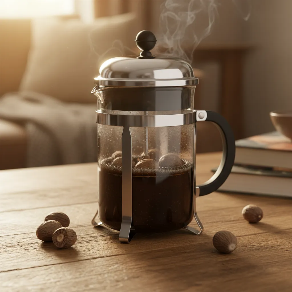 French press coffee maker with fresh nutmeg on wooden table