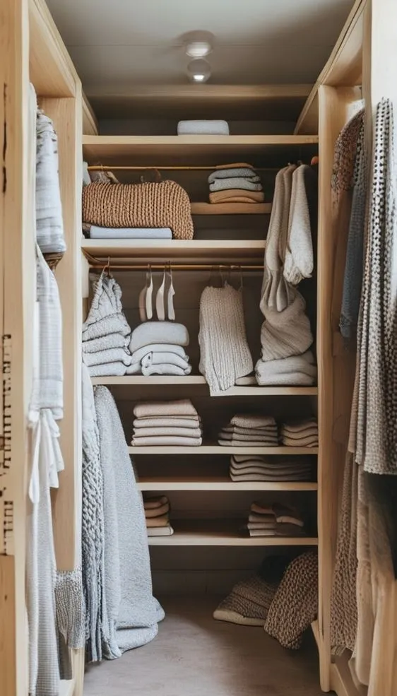 Warm oak wood shelving in a small closet showing natural grain and texture.