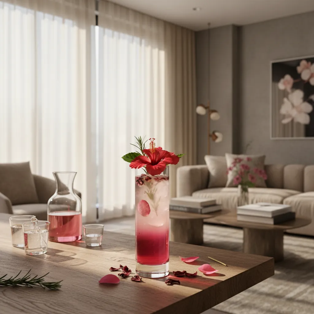 Ombre pink hibiscus highball drink with floral garnish on a rustic wooden table