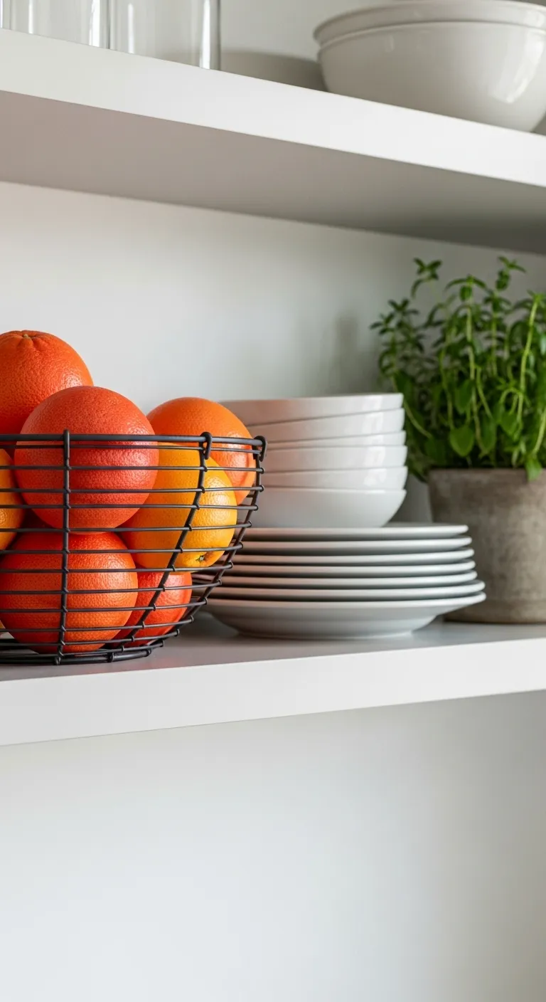 Wire basket of grapefruits styled on open kitchen shelves
