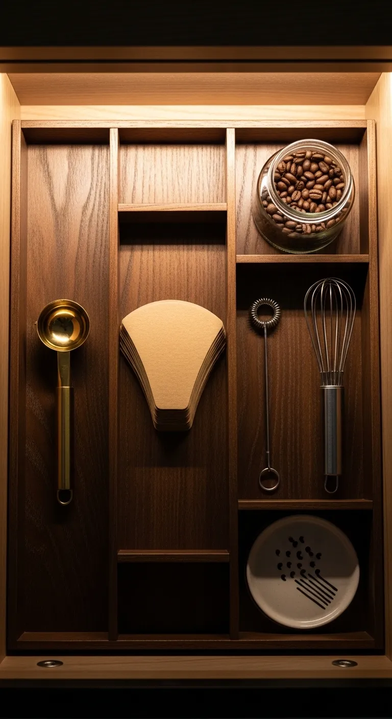 Neatly organized coffee kit items in a drawer with gold accents.