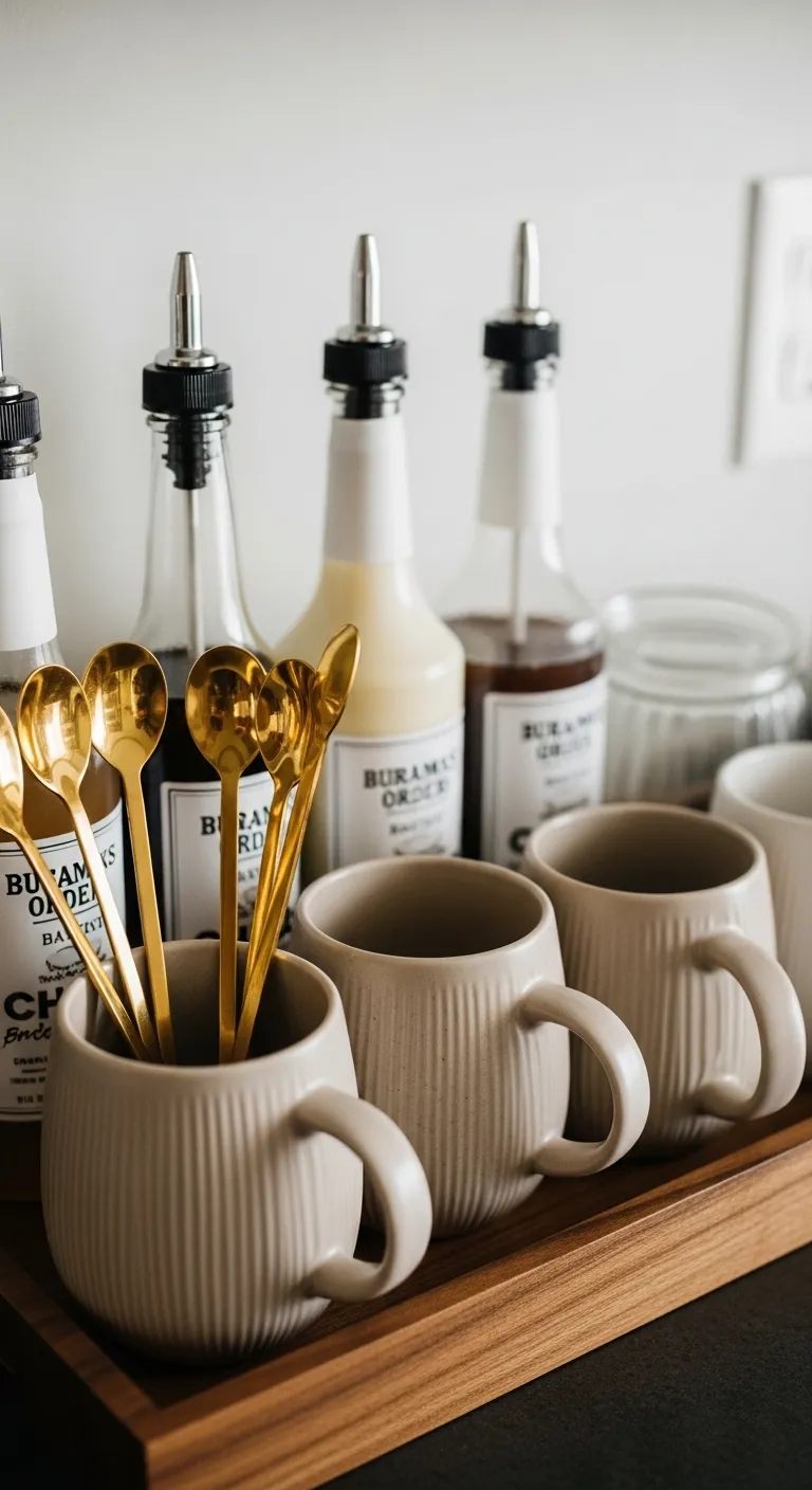 Luxury coffee station organizer with syrup bottles and gold accessories