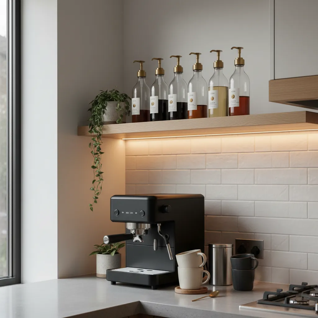 Modern home coffee bar with espresso machine and syrup bottles on shelves