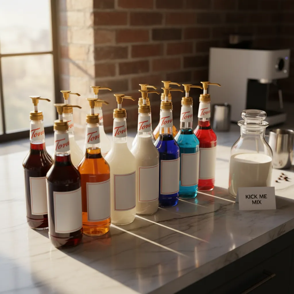Styled home barista station featuring Torani syrups with gold pumps and a glass cream carafe on a marble counter
