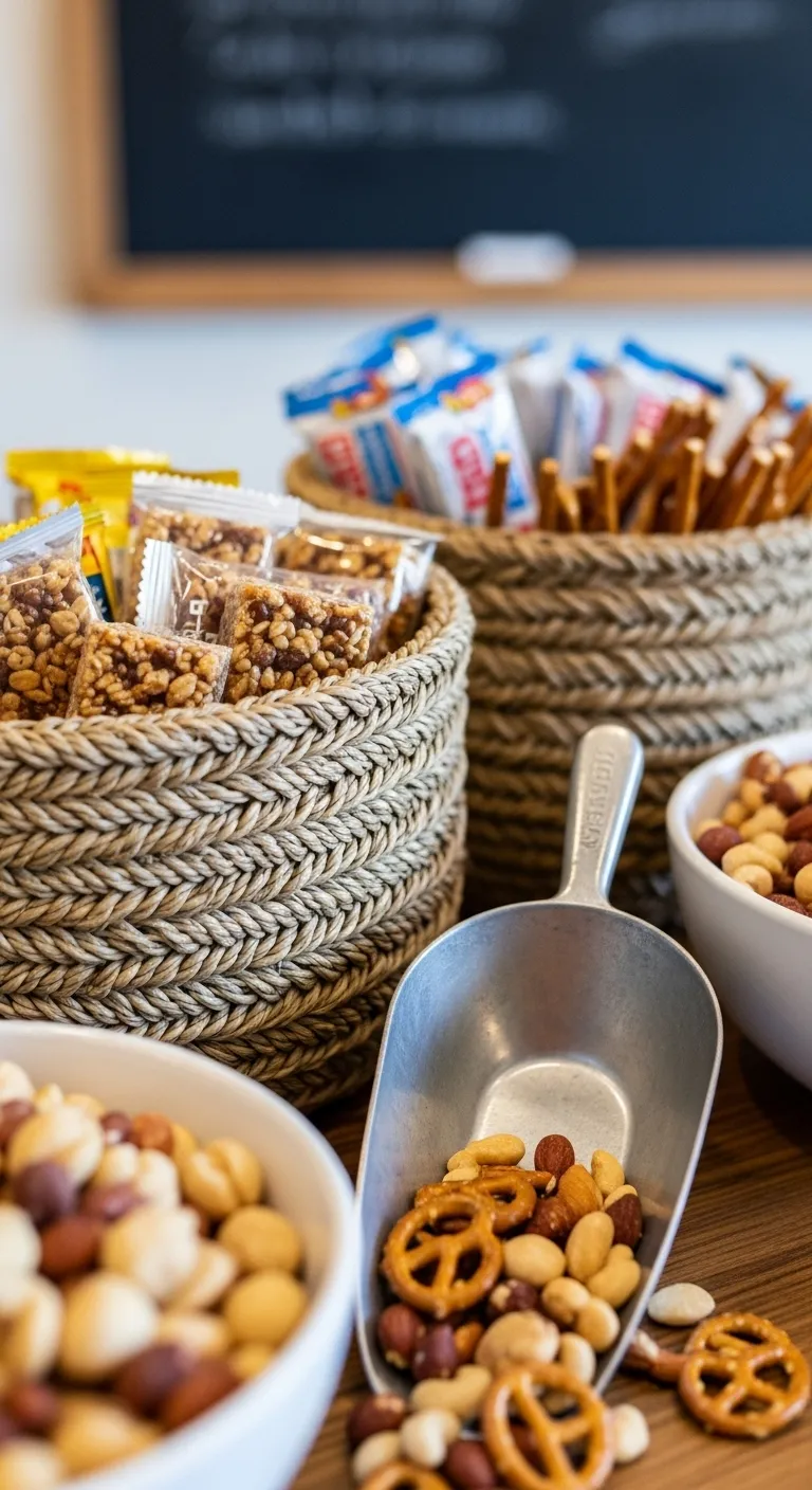 Woven baskets and galvanized scoops on a teacher appreciation snack bar