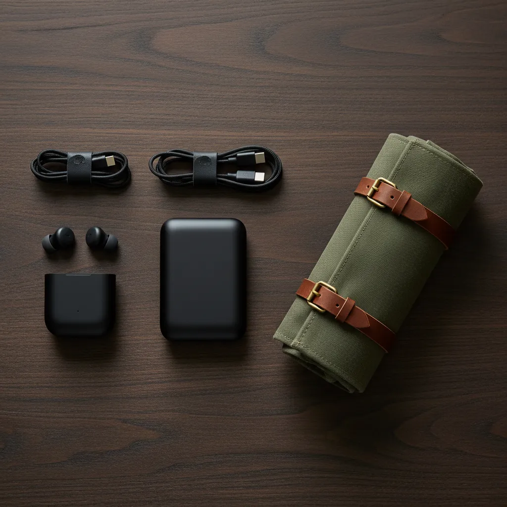 A streamlined tech travel essentials bundle including a power bank, cables, and organizer pouch.