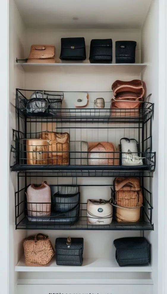 Top-down view of accessories like clutches and belts being placed in a wire under-shelf basket.