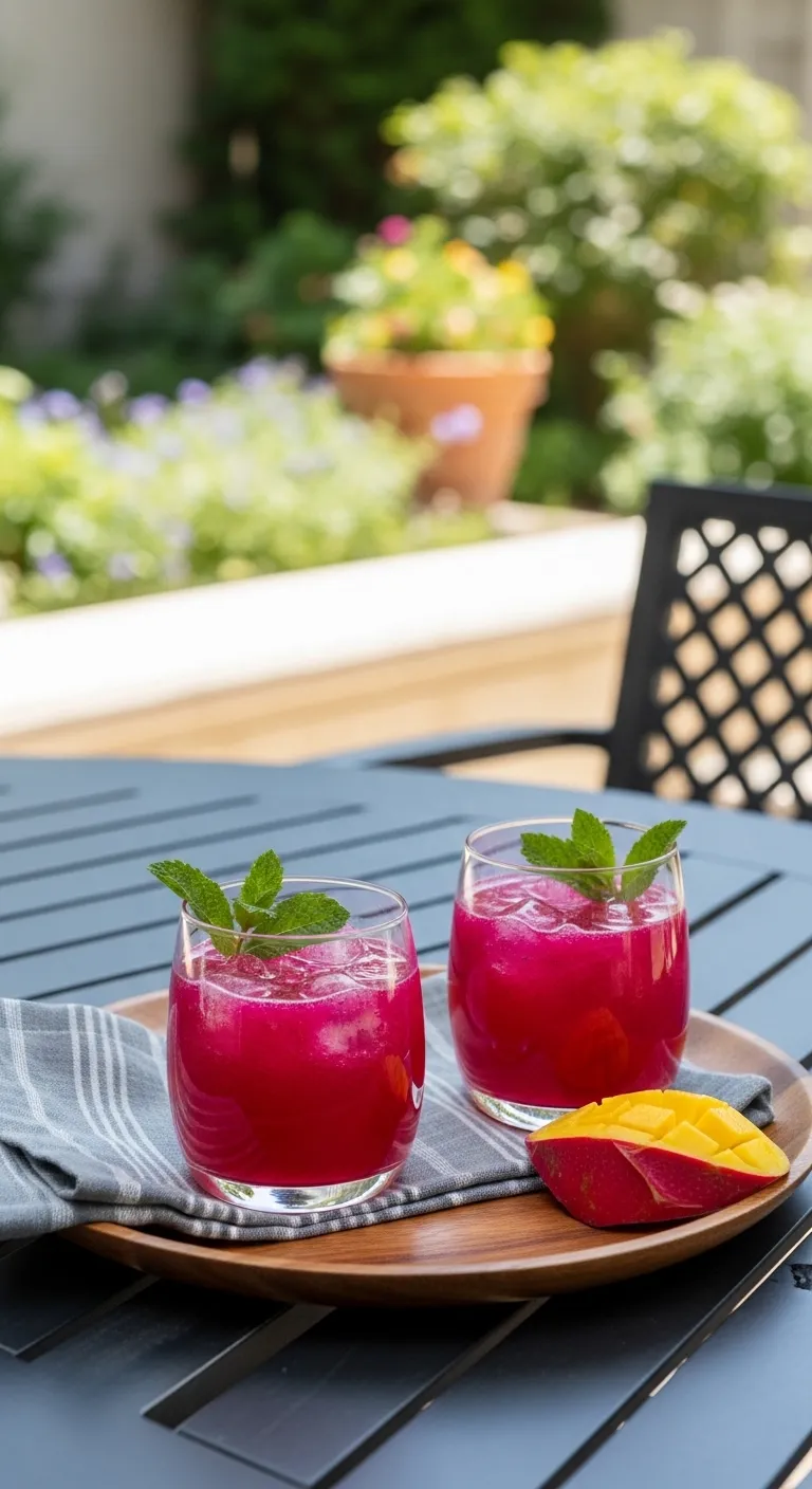 Two dragonfruit refreshers styled on wooden tray outdoors