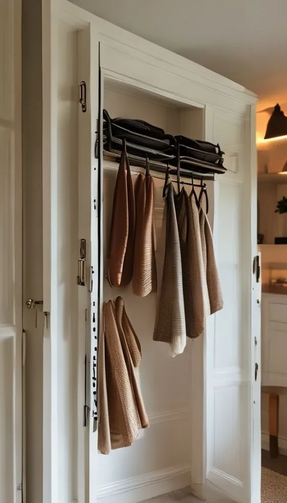A minimalist black over-the-door rack organizing accessories on a white closet door