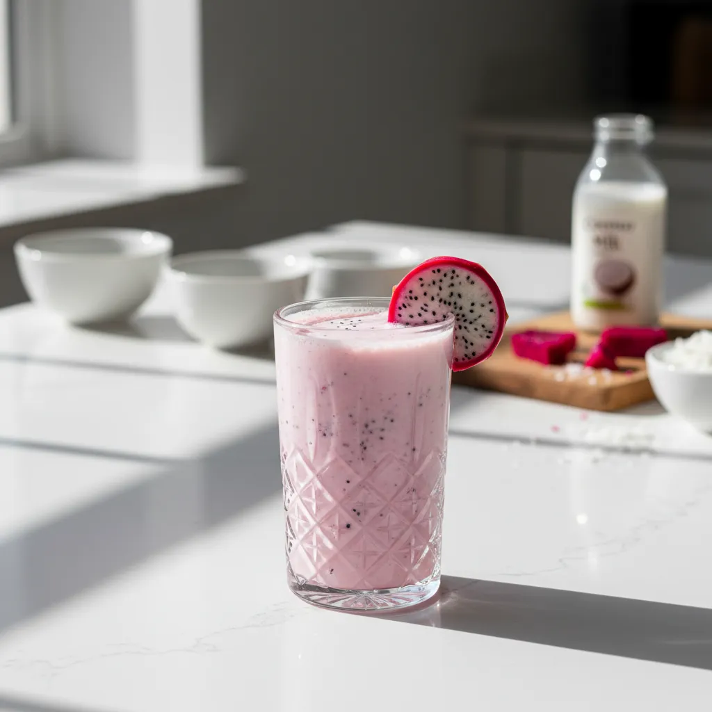 Creamy pastel pink non-alcoholic dragon fruit drink on quartz counter