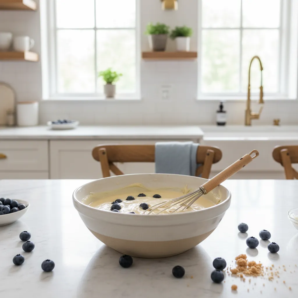 Creamy cake batter and blueberries on a marble kitchen island.