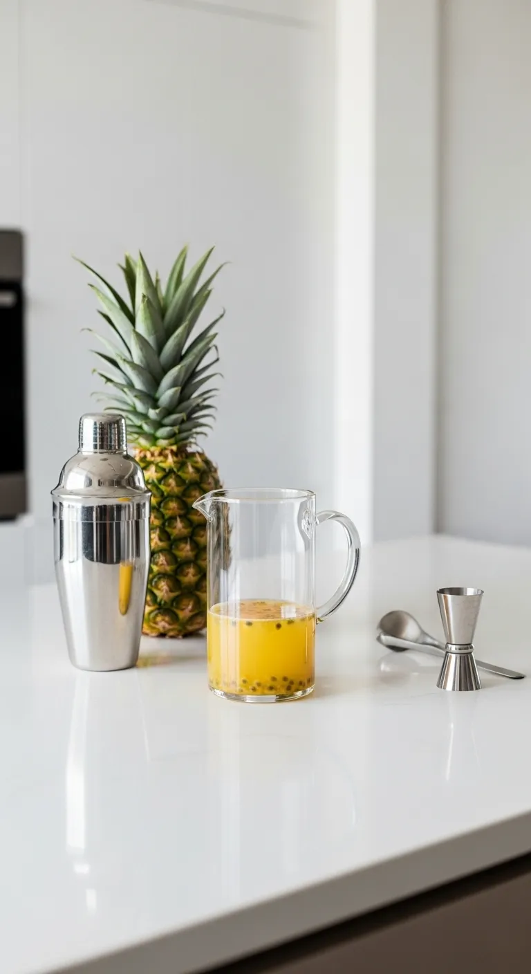 White quartz kitchen counter displaying pineapple juice, passionfruit puree, and a silver cocktail shaker for making refreshers